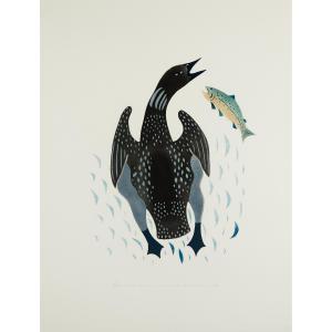 AMITUK SYOLLIE 1936-1986,A LOON CHASING A FISH UPSTREAM,1985,Waddington's CA 2024-01-25