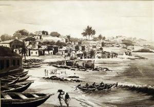 AMONOO Philip 1922,African Village with figures on the shoreline,1972,Rosebery's GB 2013-09-10