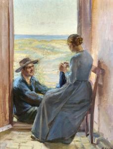 ANCHER Anna 1859-1935,A young couple from Skagen sitting in a doorway wi,Bruun Rasmussen 2024-03-04