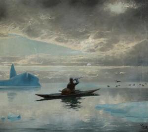 ANDERSEN Julius 1857-1924,Greenlandic landscape with hunting sealer,Bruun Rasmussen DK 2022-08-29