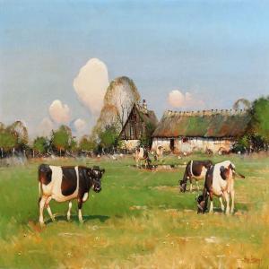 ANDERSEN Soren Edsberg 1945,Cows grazing in front of a thatched farmhouse,Bruun Rasmussen 2016-06-20