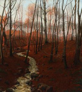 ANDERSEN Wilhelm,Forest view with a small stream under a red sky,Bruun Rasmussen 2023-02-13