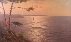 André J,Mediterranean sunset scene, seascape with boats,Denhams GB 2021-05-19