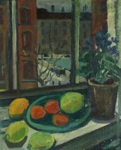 Angelo Carl Christian,Still life in a window with fruits and flower,Bruun Rasmussen DK 2017-08-01