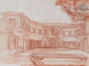ANGO Jean Robert 1710-1773,La Cour d\’entrée de la Villa Giulia ; Deux études,Ader FR 2023-03-20