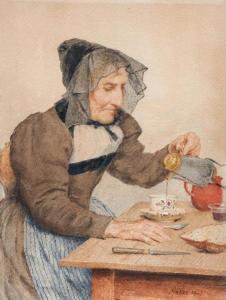ANKER Albert 1831-1910,Seeländerbäuerin in Tracht beim Kaffee e,1903,Beurret Bailly Widmer Auctions 2024-03-13