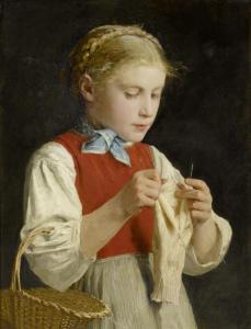 ANKER Albert 1831-1910,Strickendes Mädchen. (Girl knitting),Galerie Koller CH 2012-12-03