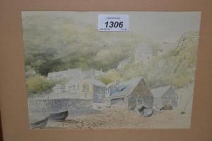 ANONYMOUS,coastal view of cottages and beached row,20th Century,Lawrences of Bletchingley 2019-04-30
