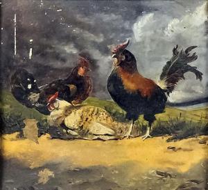 ANONYMOUS,Cockerel and two hens in a rural landscape,1870,Canterbury Auction GB 2018-10-02