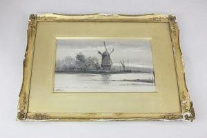 ANONYMOUS,Dutch landscape view of windmill across water at twilight,Henry Adams GB 2017-10-11