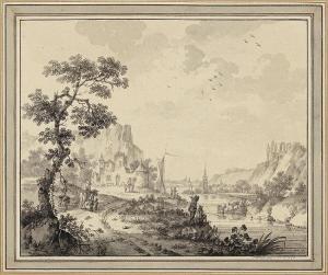 ANONYMOUS,Idyllic river landscape with ruins, figures passin,Galerie Koller CH 2014-09-19