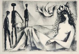 ANONYMOUS,Liegender weibl. Halbakt mit Taube und 3 Figuren,1964,DAWO Auktionen DE 2009-09-23