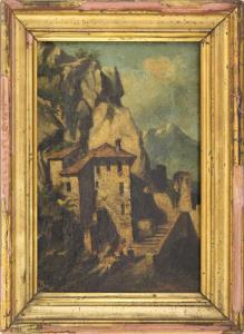 ANONYMOUS,Paesaggio montano con case e figura,19th century,Pirone Casa d'Aste IT 2019-08-22