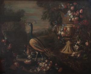 ANONYMOUS,Peacock, Ducks and Large Urn of Flowers in Landscape,Hindman US 2016-04-16