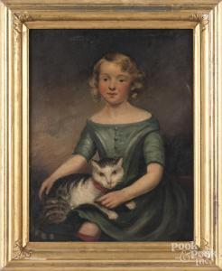 ANONYMOUS,Portrait of young girl with cat,19 th Century,Pook & Pook US 2017-10-10