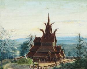 ANONYMOUS,Scenery with the stave church in Borgund,1900,Bruun Rasmussen DK 2017-08-28