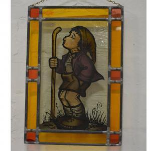 ANONYMOUS,Small stained glass window depicting a whistling boy,Gilding's GB 2019-01-22
