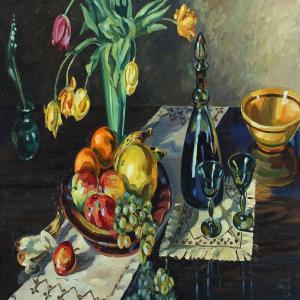 ANONYMOUS,Still life with tulips, fruit and flagon,Bruun Rasmussen DK 2012-02-27