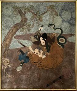 ANONYMOUS,Tapisserie à décor d'un samouraï combattant un singe,Osenat FR 2018-12-15