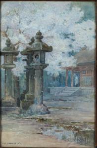 ANONYMOUS,temple scene with stone pagodas and a tree in bloom,20th century,Skinner US 2018-09-14