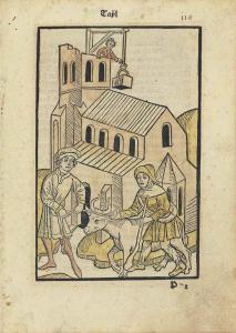 ANONYMOUS,Two men leading an oxen, a church being build in t,1480,Christie's GB 2014-12-03