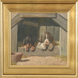 ANONYMOUS,Two puppys peeping out of their kennel,Bruun Rasmussen DK 2008-03-03