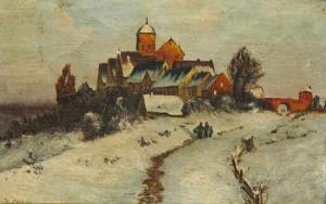 ANONYMOUS,Vue animée d'une ville au clocher sous la neige,1914,Sadde FR 2018-06-12