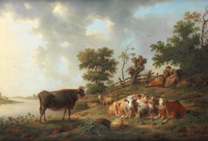 ANTONISSEN Henri Joseph,Cattle and sheep grazing at a stream, a drover and,1774,Bonhams 2021-10-26