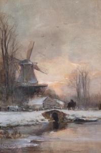 APOL Louis Francis Henri 1850-1936,A mill on a snowy riverbank at sunset,Venduehuis NL 2023-11-16