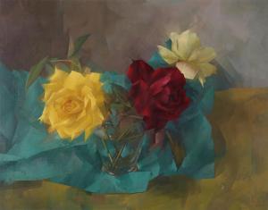 APPELBEE Leonard 1914-2000,Still life of yellow and red roses in a glass,Woolley & Wallis 2018-12-04