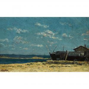 APPIAN Adolphe 1818-1898,Strandpartie mit Boot und Haus,Dobiaschofsky CH 2017-05-10