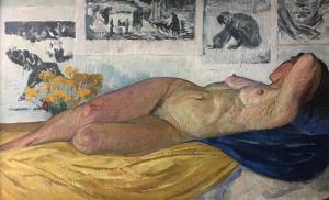april aaron 1932,Nude in blue and yellow draperies.,1960,Sovcom RU 2018-10-25