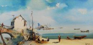 AQUILAY A,figures on a shoreline on a Mediterranean harbour,Fieldings Auctioneers Limited 2011-07-23