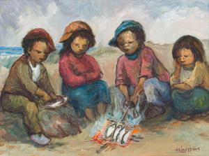 Archibald LANGDOWN Amos 1930-2006,Four Children Cooking Fish,Strauss Co. ZA 2024-04-15