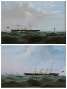 ARGENT J.F 1800-1900,TWO-MASTED STEAM SHIP WITH DISTANT LIGHTHOUSE,1879,Sloans & Kenyon 2011-02-11