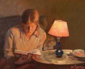 ARMES Thomas W., Tom 1851-1921,Young girl seated in a chair reading by table lamp,Mallams 2008-10-10