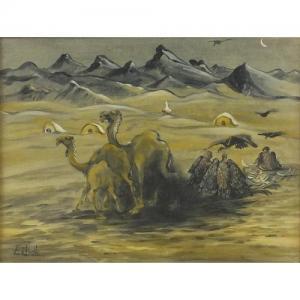 ARMOUR BROWN EILIDH 1913-1994,Egyptian moonlit desert scene with camels,Eastbourne GB 2016-12-10