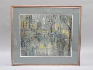 ARNOLD Patience 1901-1992,Busy Manchester street scene on a rainy day,Morphets GB 2021-07-17