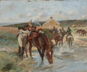 ARUS Raoul 1848-1921,A French soldier with his horse drinking from a pu,19th,Rosebery's 2023-07-19