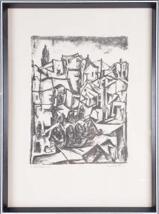 ASCHHEIM Isidor 1891-1968,huddled figures in a town scene,1967,Dawson's Auctioneers GB 2020-10-29