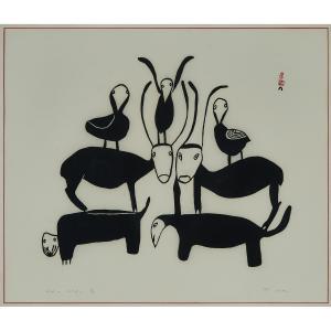 ASHOONA Pitseolak 1904-1983,Kinngait (Cape Dorset) CARIBOU AND BIRDS,1963,Waddington's CA 2024-03-07