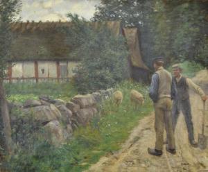 ASPELIN Karl 1857-1922,Sommarlandskap med lantarbetare och grisar framför,Crafoord SE 2016-12-10