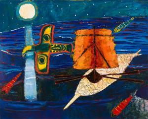 ASPELL Peter N. Lawson 1918-2004,Fire Ship With a Moon Fish,1990,Heffel CA 2024-03-28