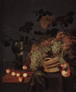 ASTEYN Bartholomeus,A basket with grapes, a roemer and cherries on a p,Christie's 1999-12-17