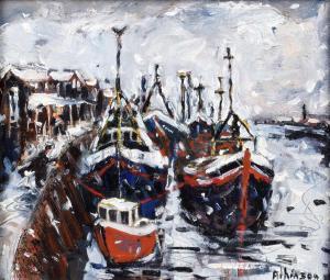 ATKINSON Sue 1949-2021,Snowy Harbour Scene with Fishing Boats,Peter Wilson GB 2024-03-28