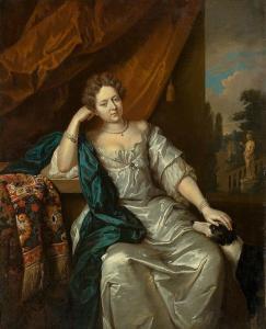 AUDRAN Claude II,Portrait of a woman in a silver silk dress and blu,Villa Grisebach 2014-11-27
