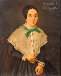 AUGUIN Louis Auguste 1824-1904,Portrait de jeune femme au nœud vert,1847,Gros-Delettrez 2020-03-11