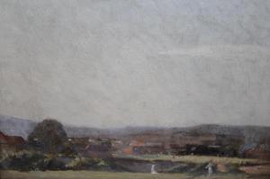 AULD James Muir 1879-1942,board of view across a landscape with figures t,Lawrences of Bletchingley 2022-07-19