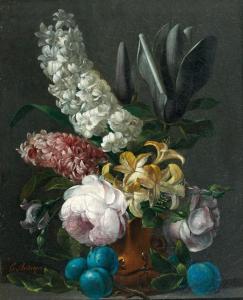 AUTRIQUE Edouard 1799-1876,Jacinthes, magnolias dans un vase sur un entableme,Tajan FR 2014-06-25