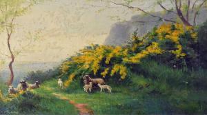 AUTY Charles 1858-1936,Landscape with Grazing Sheep , coast beyond,Halls GB 2022-03-09